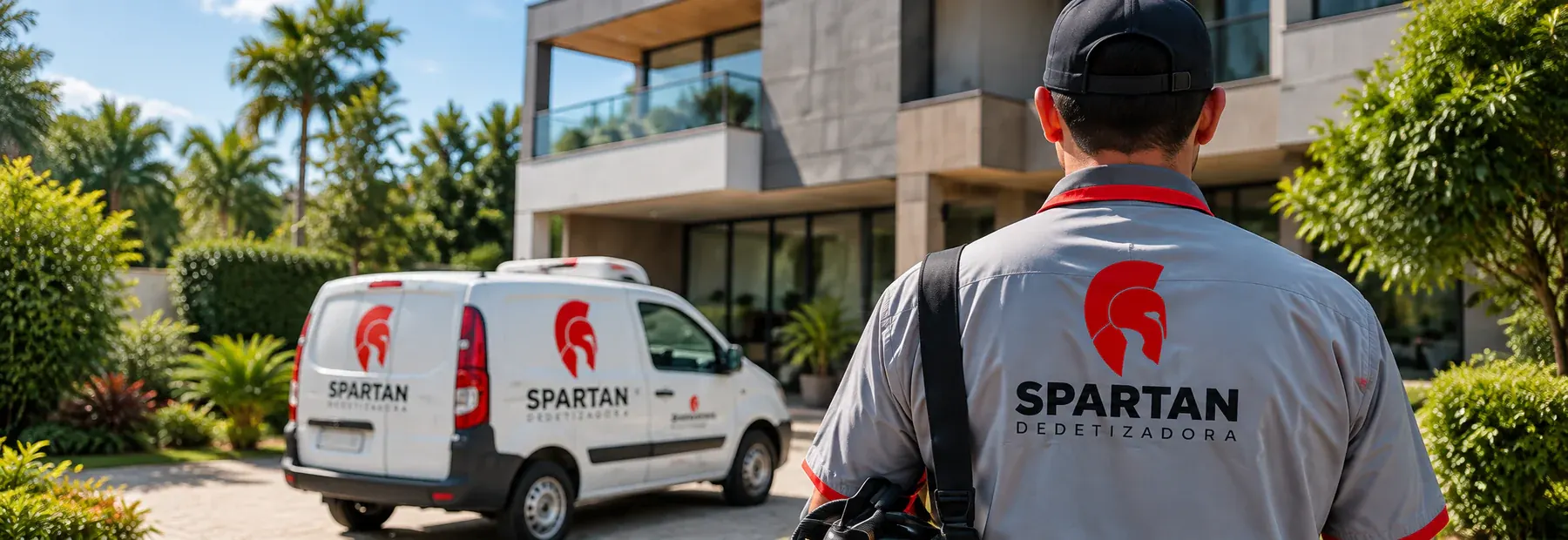 Imagem ilustrativa de um profissional Spartan de costas, com veículo de atendimento diante de uma residência