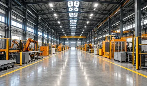 Interior de uma indústria com estruturas e equipamentos de produção