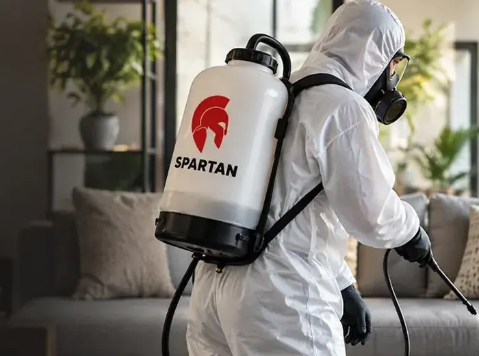 Imagem ilustrativa de profissional com equipamento de proteção e pulverizador Spartan