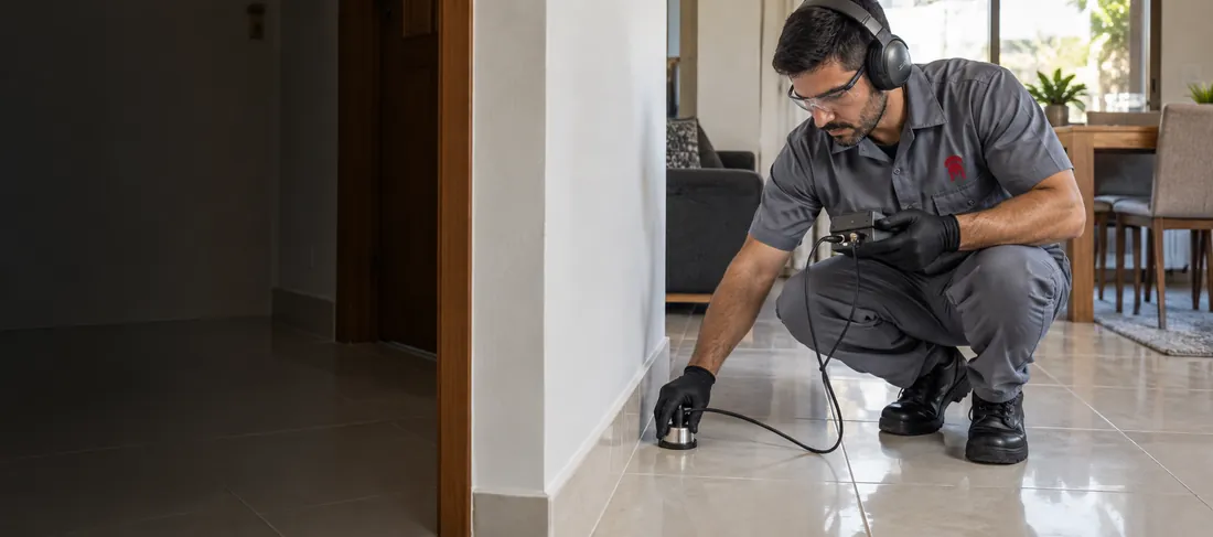 Técnico utilizando equipamento acústico para investigar vazamento sob piso