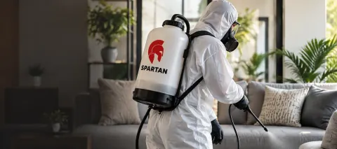 Profissional com equipamento de proteção durante atendimento de controle de pragas em residência