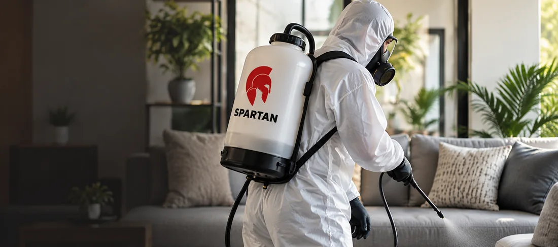 Imagem ilustrativa: Profissional com equipamento de proteção durante atendimento de controle de pragas em residência