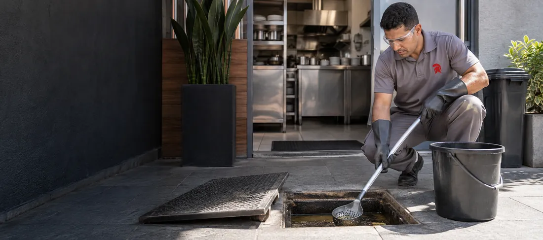 Imagem ilustrativa: Atendimento profissional a uma caixa de gordura externa de cozinha comercial
