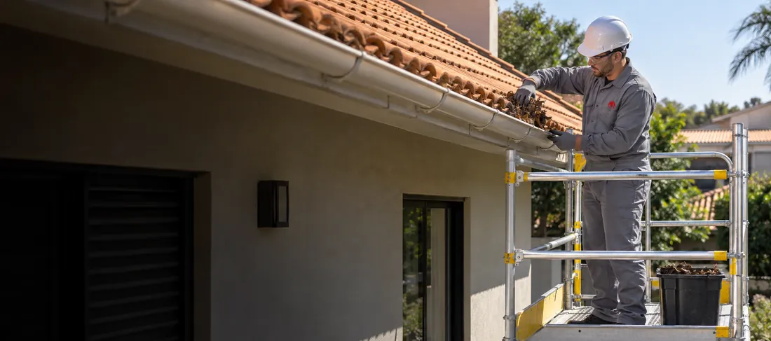 Manutenção de calha de cobertura com acesso protegido