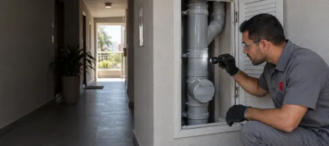 Inspeção de tubulação vertical de esgoto em área técnica de edifício
