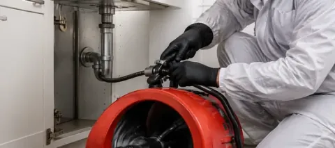 Profissional operando equipamento de desobstrução de tubulações