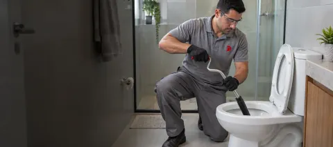 Uso de ferramenta profissional para desobstrução de vaso sanitário