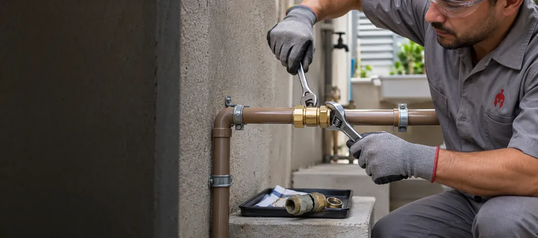 Imagem ilustrativa: Profissional reparando a conexão de um trecho de tubulação acessível