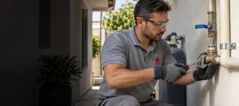 Encanador realizando manutenção em conexões de uma instalação hidráulica