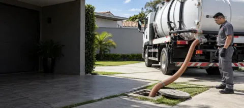 Veículo de sucção com mangueira em acesso externo de sistema séptico