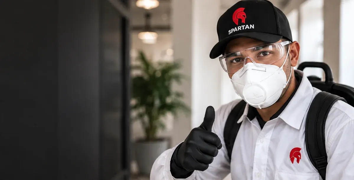 Profissional com uniforme Spartan, óculos, máscara e luvas de proteção